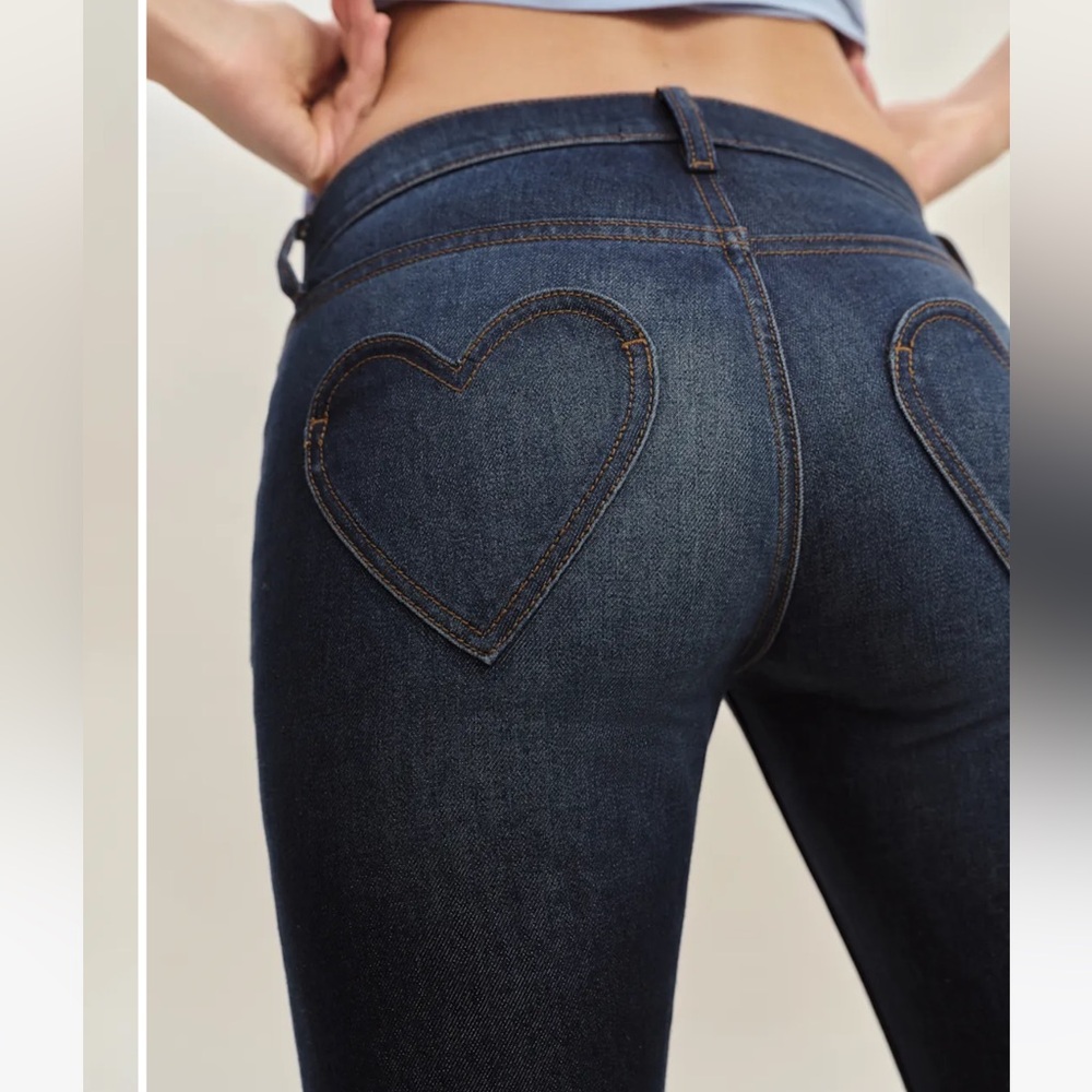 Reformation Dark Wash Bootcut Jeans with Heart Back Pockets